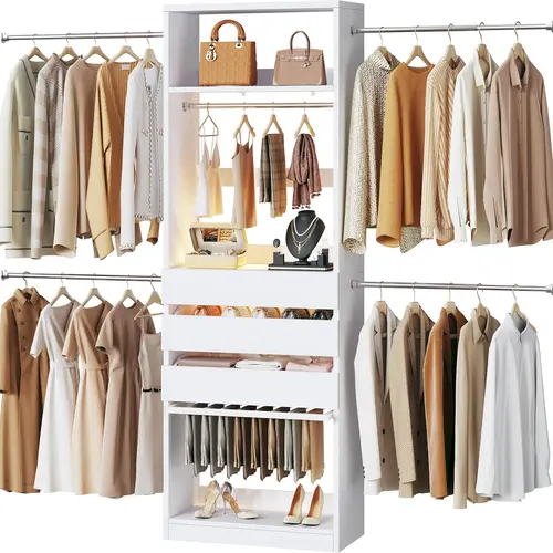 Closet System, 4-8FT Closet Organizer with 3 Wood Drawers & Glass Top, 102'' Walk in Closet with 5 Hang Rods & LED Lights & Trouser Rack, Built-in Wardrobe Clothes Rack with Shelves and Tower, White