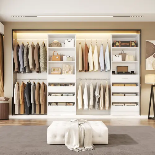 95''-136'' Closet System Wardrobe Set with Drawers ＆ Hanging Rods, Walk-in Closet Organizer with Adjustable Storage Shelves ＆ Towers，Easy Assembly, Closet Organization, Mdf Board