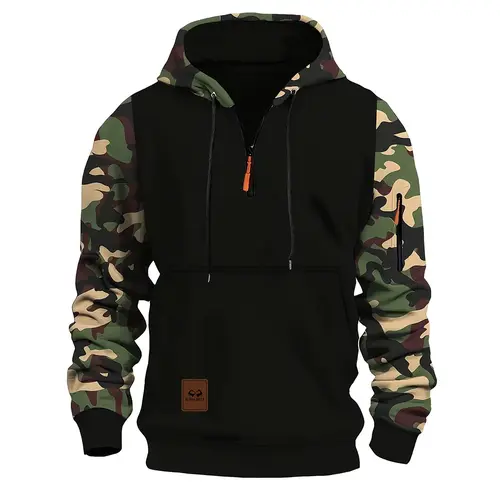 Stitching Hooded Men's Fashion Camouflage American Vintage Zipper Sweater Loose Fit Pullover with Top Stitching Slit Pocket in Red Army Green Blue Gray