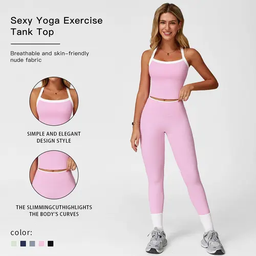 Women's Solid Color Cut-Out Backless Camisole Top & High-Waist Leggings Tracksuit Set, Sporty Comfortable Breathable Outfits for Yoga, Gym, Workouts, Running, Valentine's Day Gift for Girls, Ladies' Summer Sports Wear, 2 Piece Sets, Women 2 Piece Sets
