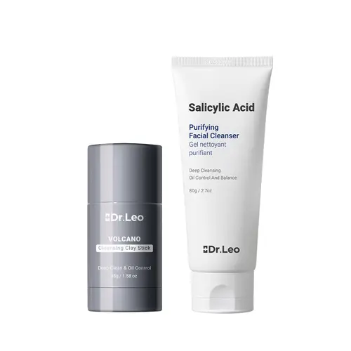 Dr.Leo 2-Step Facial Set - Charcoal Clay Mask & Salicylic Acid Facial Cleanser, Daily Detox Cleansing Pore Blemish Acne Treatment for Oily Combination Skin & Blackheads