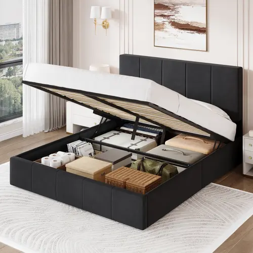 SHA CERLIN Lift Up Storage Bed 【Frame Only No Mattress】Upholstered Platform Bed Frame/Hydraulic Storage/No Box Spring Needed/Wood Slats Support Summervibes Father's day Gift,dorm essentials,home decor