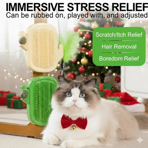 3-in-1 Cat Corner Groomer with Catnip - Itchy Face Scratcher, Grooming Trimming Tool, Scratching Post Brush, Hair Removal, Grooming Supplies, Corner Targets Chin and Cheeks, Relieves Itchy Rubs, Simple Setup, Instant Play, Handheld Brush for Indoor Cats