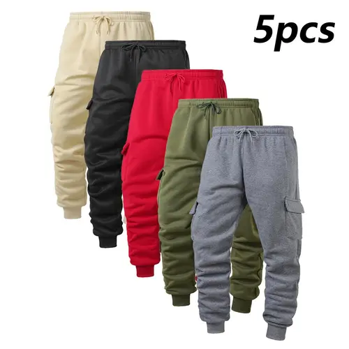 Men’s solid-color basic casual jogging pants with a drawstring waist, slant pockets, and large side pockets at the knees—thick, warm sports pants for outdoor fitness and hiking; no back pockets. sohochic