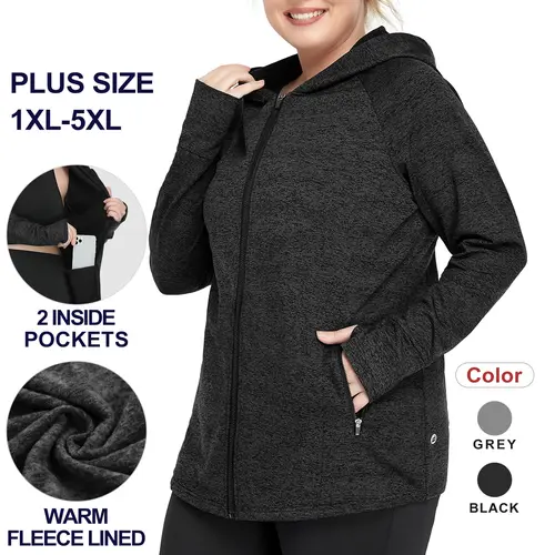 COOTRY Women's Plus Size Thermal Lined Fleece Jacket - Full Zip-Up Hoodie with Pockets & Thumbholes, Sporty Breathable Activewear Outerwear for Running, Yoga, Women Workout Clothes, Plus Size Clothes, Thermal Lined Outerwear, Sporty Breathable Outerwear,