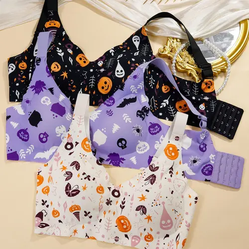 3PCS Women's Seamless Push Up Bra Set with Halloween Print Comfortable Underwear Perfect for Daily Wear & Special Occasions Ideal Gift Wireless Push Up Womenswear summerwins