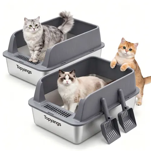 Topyangs 2-Pack Stainless Steel Cat Litter Box, Extra Large High Sided Splash Guard, Leakproof & Non-Stick Easy Clean Metal Litter Pan, 2 Free Litter Scoops for Multi-Cat Households, Ideal Cat Toilet Gift ,Litterbox