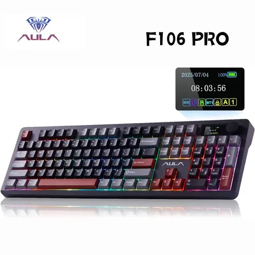 AULA F106 PRO Wireless Mechanical Keyboard - 104-Keys Gaming Model with Knob & Screen, Tri-Mode RGB Hot Swappable Creamy Unit for PC/Laptop/Windows, Custom Keyboard Setup Use - Black Red, Creamy Keyboard
