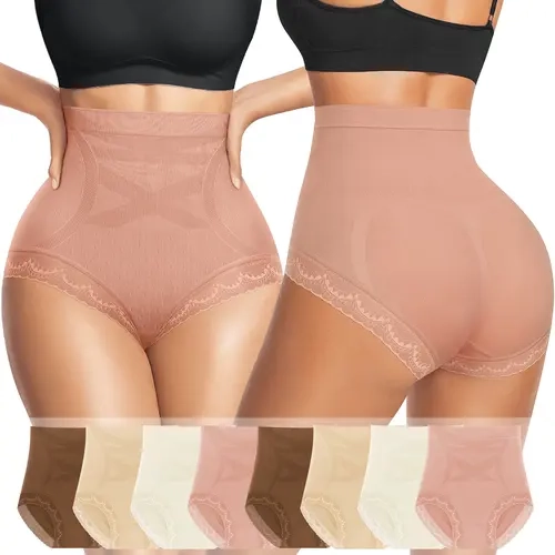 MORELECT Women's High Waisted Nylon Plain Shaping Briefs - 3/6/8 Counts Seamless No-Show Tummy Control Underwear with Lace Sides, Comfy Breathable, Work & All Seasons Wear, No Padding, 8 Pack-2 Brown 2 Beige 2 Pink