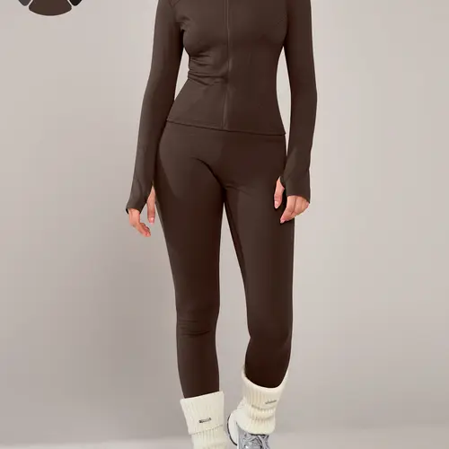 Women's Breathable Sporty Workout Yoga Set, Tight-Fitting High Waist Pants & Long Sleeve Jacket for Fall & Winter, Clothes Set for Gym Outdoor Running, Solid Sports Sets, Activewear Running Outfits, Sporty Style Outfits, Fitness Outfits