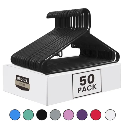 Utopia Home Black 50-Pack Durable Plastic Hangable Hangers with Hook Attachments - Wardrobe Closet Space-Saving Garment Organizer, White 100-Pack Option Available