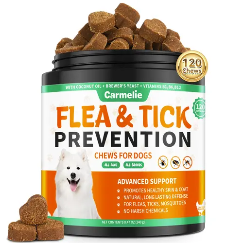 Carmelie #SummerWins #DealsForYouDays Dog Flea & Tick Prevention Support Chew Supplements - 120 Plant-Based Chicken Flavor Health Supplements with Probiotics, Coconut Oil, Flaxseed, Coat Support Oils - Gentle Daily Chews for All Breeds & Ages, 1-4pcs
