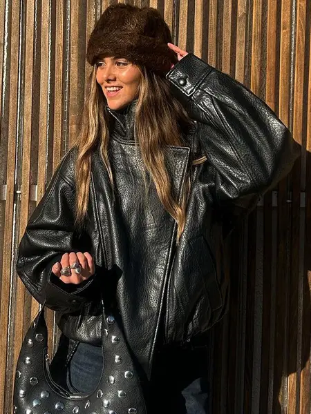 Faux Leather Stand Collar Oversized Moto Jacket, PU Jacket, Elastic Hem Streetwear, Casual Long Sleeve Water- and Wind-Resistant Outerwear for Spring & Fall, Casual Fashionable Outerwear, Chic Outerwear, Womenswear Coats