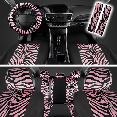 9pcs Pink Stylish 2-Tone Zebra Seat Covers for Cars, Breathable Cool Materials, Stain-Resistant, Easy-to-Install, Universal Fit for Trucks Vans SUVs, Automotive Interior Seat Protector Cushions