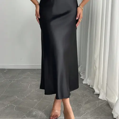 Elegant High-Waist Satin Midi Skirt, Formal Slim-Fitting Design, Spring & Fall Solid Color Women's Stylish Clothing, High Waisted Skirt, Fitted Design Skirt