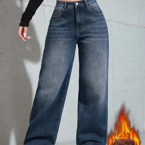Women's Vintage Fleece Lined Thick Denim Jeans, Denim Clothing, Fall & Winter Fashion Chic Aesthetic Streetwear Wide Leg Straight Fit Pants, Elegant Minimalist Plain Woven Fabric, Womenswear, Basic