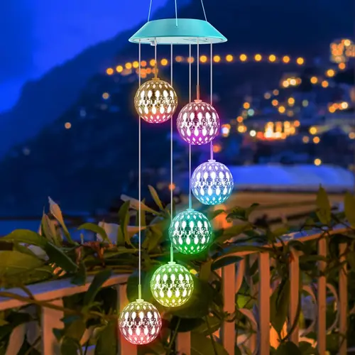 Solar-powered color-changing spherical lights, featuring a gold/silver Moroccan design, are outdoor waterproof 6-LED decorative lights, making them the perfect gift for mothers, wives, and daughters, suitable for porches, gardens, patios, and windows., Ya