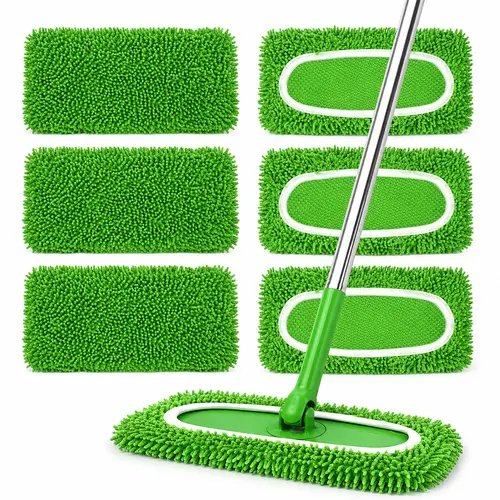 6 Pieces Green Washable Reusable Microfiber Mop Replacement Pads, High Absorbency Dry & Wet Dual Function Mop Heads, Multi-Scene Cleaning Accessories Compatible with Most Flat Mop and Bucket Sets, Great for Household & Campus Hardwood Flat Floors