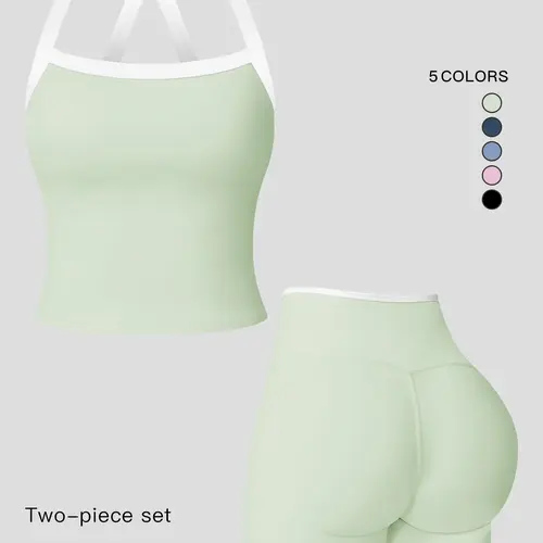 Women's Athletic Yoga Set, Sports Set, Sporty Plain Colorblock Crisscross Backless Crop Top & Tight-Fitting Shorts, Ideal for Running & Fitness Training