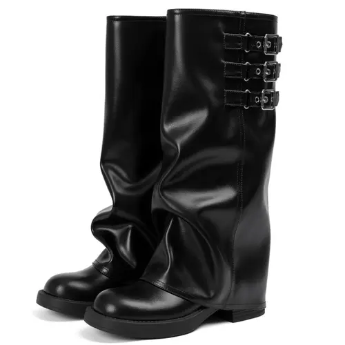 EROCALLI Women's Goth Chic Alternative Punk Grunge Aesthetic Platform Footwear - Pull-On Buckle Tall Knee-High Slouchy Fold-Over Motorcycle Riding Boots for Summer Wins & Outfits