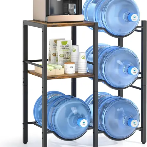 Sturdy 5 Gal Gallon Water Jug Holder with Wood Shelves - Heavy Duty Steel Frame, Curved Slots, Adjustable Kitchen Organizer, Water Dispenser Stand, Home/Office Garage Accessories (Rustic Brown), 13.39 In W