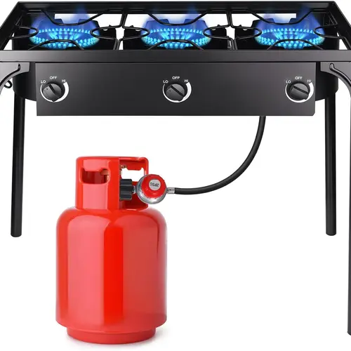 Rectangle Cast Iron High-Power 3-Burner High-Pressure Propane Gas Stove with Detachable Legs, 225000-BTU Waterproof Coating Outdoor Cooking Station for Grilling Outdoor Cooking, Tailgating, Camping