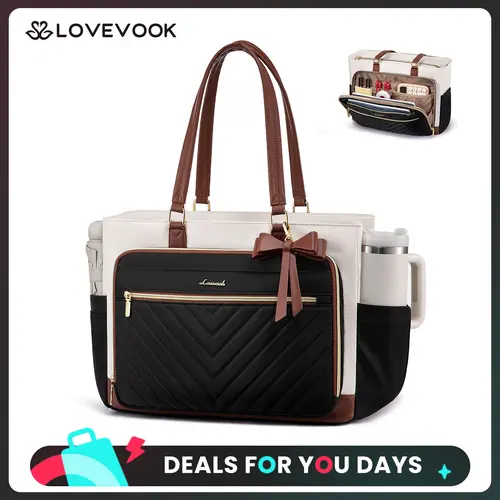 LOVEVOOK Laptop Tote Bag for Women,Teacher Work Tote Bag with Large Cup Holder,Quilted Nurse Diaper Bag with Multi-Pockets for Travel, Computer Women's handbags for Teacher gift,Large capacity & Padded Laptop Compartment,TikTokShopBackToSchool