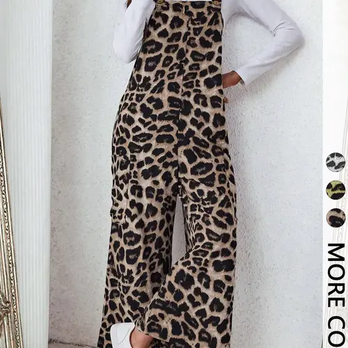 Women's Casual Leopard Print Loose Jumpsuit, Woven Fabric, Moderate Thickness, All Seasons Wear, Fitted Style, Pocket Design, Casual Fashion Jumpsuit, Leopard Print Romper
