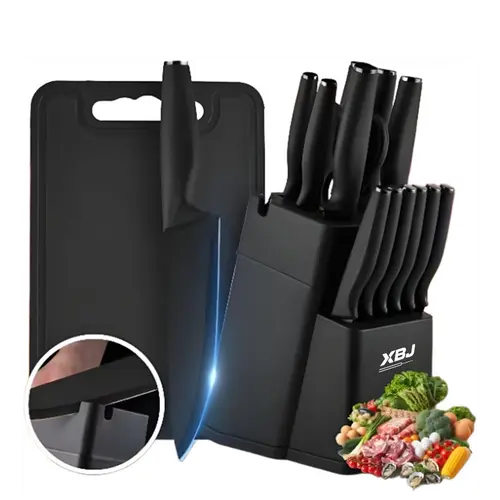 XBJ Premium 15-Piece Stainless Steel Kitchen Knife Set with Built-in Sharpener | Includes Chef Knife, Japanese Knife, Meat Cleaver, Bread Knife, Steak Knives & Scissors | Washable, Plastic Handles | Perfect Gift Set Utensils Block Black Cutting, Washable
