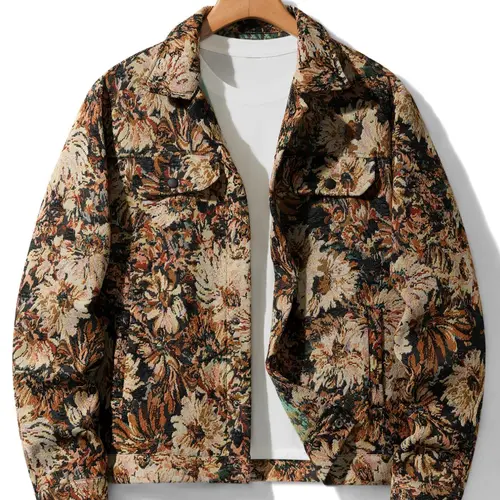 Men's Floral Print Festive Button Front Fitted Jacket Coats, Regular Fit Casual Long Sleeve Collared Outerwear for Fall & Winter, Men's Clothes for Daily Wear, Menswear