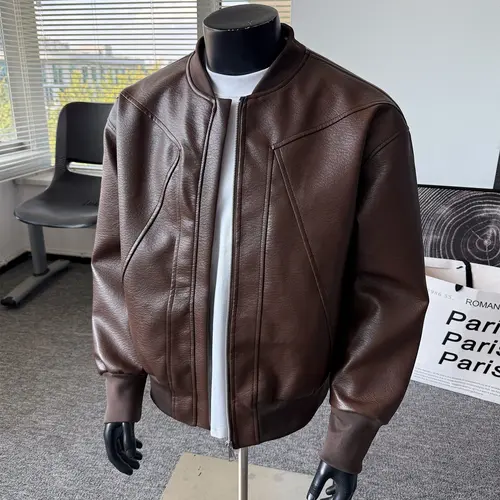Men's Windproof Leather Jacket, Solid Color Zipper Closure Motorcycle Pilot Style Outerwear, Collared Neck Long Sleeve Fitted Casual Coat for Daily Wear, Riding, Travel, and Streetwear