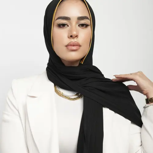 Jeresy Tie Back Instant Hijab - Black with Gold Trim for Stylish Wear