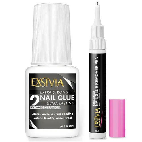 EXSIVIA Super Strong Nail Glue 10ml + Acetone-Free Nail Glue Remover 10ml Refillable Pen, Fast Bond Waterproof Long Lasting Glue for Press On & False Nails