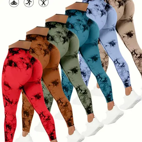 QGU Women’s 6-Pack High-Waisted Tummy Control Shaping Leggings - Tie-Dye Patterns Knit Fabric, Plus Size Clothes, Stretch Butt-Lifting, Made in USA, Multiple Colors, for Women’s Fitness, Workout Outfit Inspo, Activewear Finds