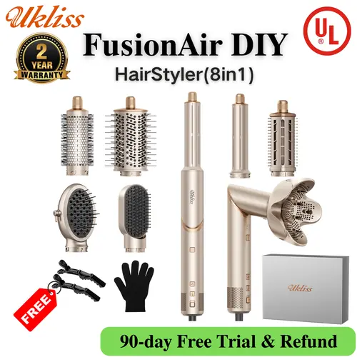UKLISS FusionAir DIY HairStyler Airstyler Champagne Gold 90-Day Free Trial & Refund 2 Year Warranty 110000RPM HairCurler + HairStraightener + HairDryer + HotAirBrush + LowTemperatureHairCare + NegativeIons + BlowoutBoost + HairDiffuser + Fluffier, Hair Cu