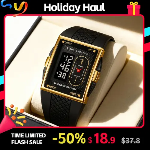 SKMEI Men's Minimalist Fashion Masculine Digital Wristwatch - 40mm Gold-Tone Metal Analog-Digital Chronograph Stopwatch, Black Band, 30M Waterproof, LED Light, 3 Time Zones, Alarm, Rectangular, Multi-Functional,  Wearable Tech, Sport Look