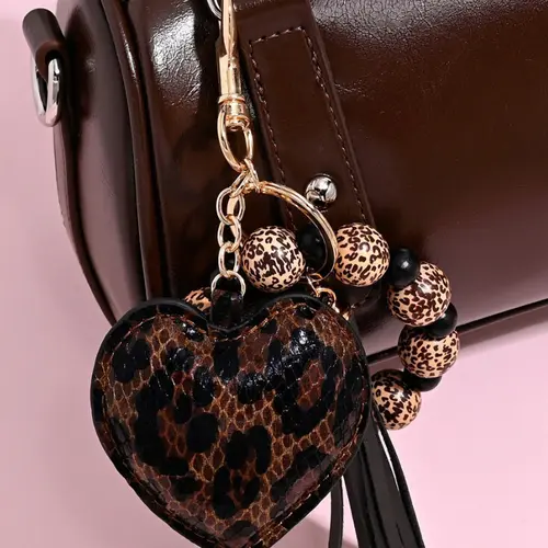 simple, personalized, Stylish keychain, contrasting leopard print pattern, women's personalized heart-shaped pendant, trendy and niche with tassels, exquisite and simple women's keychain, bag pendant, Keychain For Bags, Bag Charm Keychain