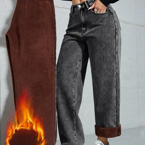 Women's Plain Fleece-Lined Thick Jeans for Fall & Winter, Fashion Woven Fabric Straight Fit Denim Pants, High Rise Jeans