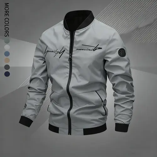 Men's Woven Regular Fit Letter Embroidered Zip-Up Pilot Jacket - Autumn Winter Casual Long-Sleeve Windproof Baseball Collar Coat, Everyday Wear, Suitable for Work, Travel