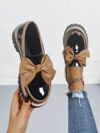 Women's Bowknot Design Loafers, Affordable Loafers, Daily Wear Shoes, Flat Walking Shoes, Casual Fashionable Flats, Spring & Fall Casual PU Leather Shoes, Plain Pattern, Less Than Ankle Height, PVC Sole