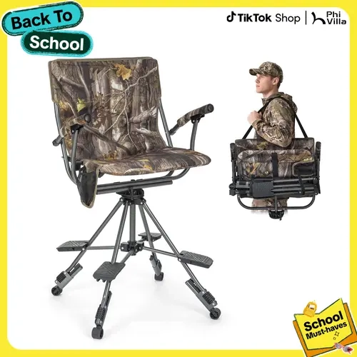 PHIVILLA Folding Hunting Chair for Blinds 360 Degree Silent Swivel, 330LBS Capacity Portable Padded Cushion Hunting Seat with Armrest, 4 Legs Adjustable Height, Shoulder Strap, Cup Holder-CAMO