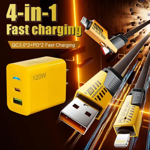 1-Pack Portable Fast Charger, Type C/USB A Dual Ports Adapter,4 in 1 Fast Charging Cable & Data Sync, 5FT Flat Braided Charger Cord for iPhone 17/16/15/14/13/12Pro Max/iPad/Airpods/Samsung Series Phone Accessories Plug Durable Automatic Protection