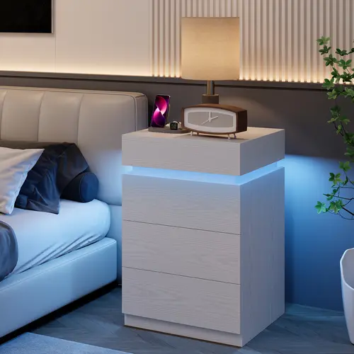 LIKIMIO Compact Modern Wooden Nightstand - Minimalist Indoor Bedroom Furniture with 3 Drawer Storage, Slide-Open Drawers, Built-in Charging Port, Top Power Strip, LED Light with Remote Dim Control, Sliding Top (Tables & Desks)