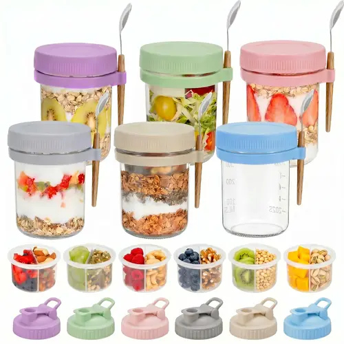 16 oz Airtight Anti-Leak BPA-Free Glass Canister Jars with Lids, Spoons, Removable Silicone Compartments, Stackable Kitchen Utensil Container for Storage Organization, Home Organization Storage (Overnight Oats, Chia Pudding)
