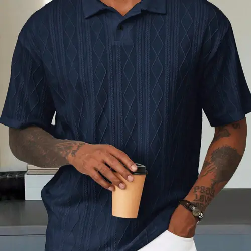 Men's Textured Design Knitted Polo Shirt, Casual Summer Fitted Plain Short Sleeve Top, Soft Breathable Fabric, Trendy Daily Wear, Casual Polo Shirts