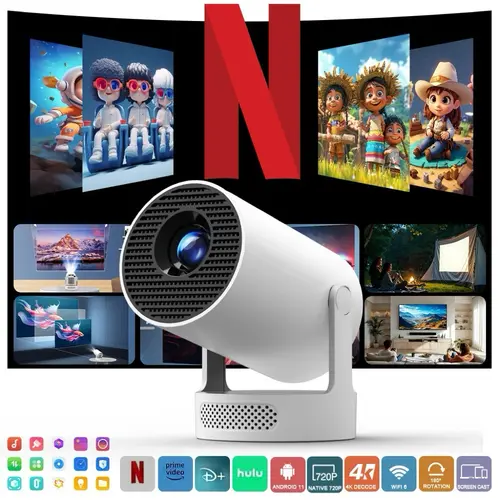 HY300Pro+ Portable Projector 290ANSI 8K/4K/1080P Decode Allwinner H726 2.5&5.8G Dual WiFi6 Smart Android 14 BT5.4 Native 1280*720P Built-in Speaker Auto Keystone Correction Home Cinema Movie #TikTokShopBackToSchool