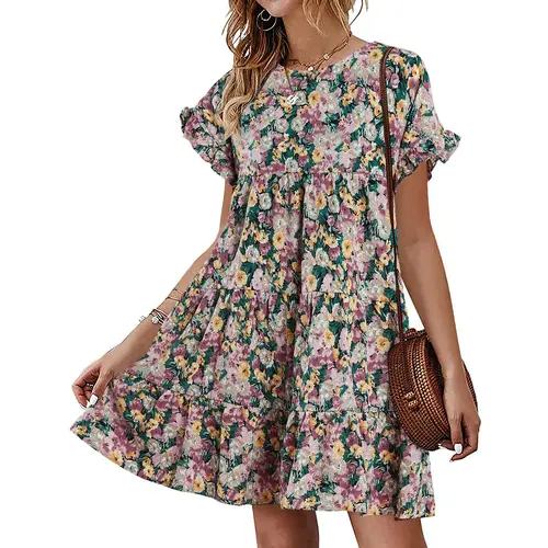 Wenrine Women's Ruffles Boho Floral Printed Babydoll Loose Swing Casual Short Mini T-Shirt Dress Summer Soft