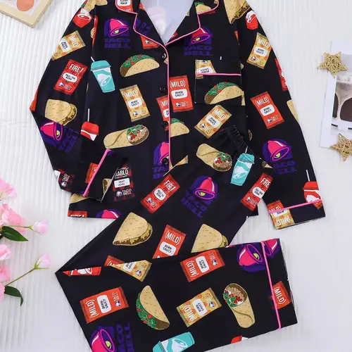 2-piece snack set, potato chips, hot dogs, printed long sleeved shirt, long pants, soft, comfortable, smooth top, small pocket, button closure, elastic waistband, casual wear, Loungewear, pajamas, Nightwear