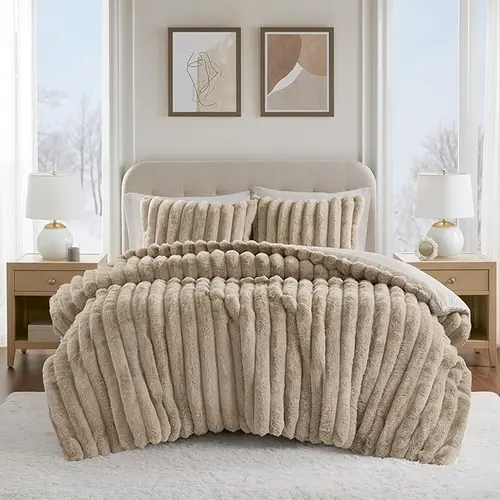 Madison Park Queen Size 3-Piece Bedding Set - Ultrasoft Ribbed Fluffy Bed Cover Set, Reversible Crystal Velvet, Multi-Use All-Seasons Luxe Home Decor