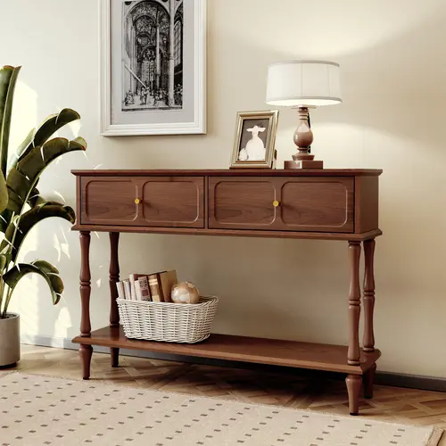[Summervibes] Mid-Century Modern Entryway Table - Retro Style, Farmhouse-Inspired Aesthetic - Sturdy Legs Anchor the Table Firmly, Open Shelf Display - Multipurpose Storage for Entryway, Living Room - Dark Wood Indoor Home Decor Furniture